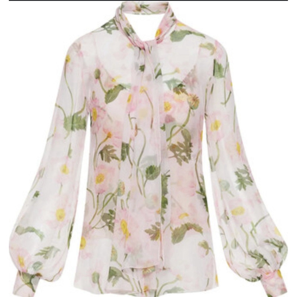 Women's Pink Floral Sheer Elegant Top - Tie Neck Long Sleeve Button Down Blouse!